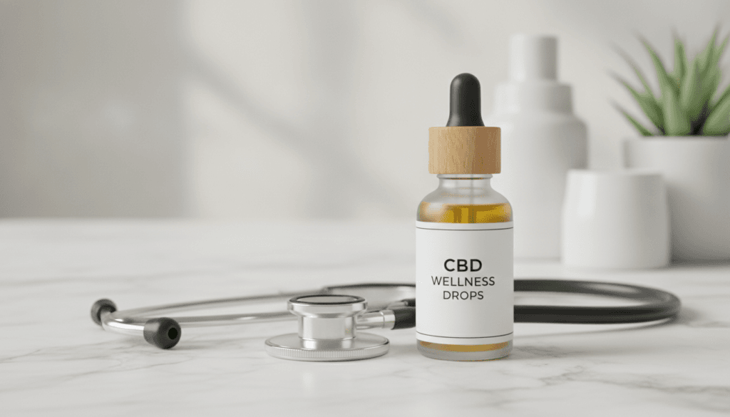 CBD oil bottle in a clinical wellness setting
