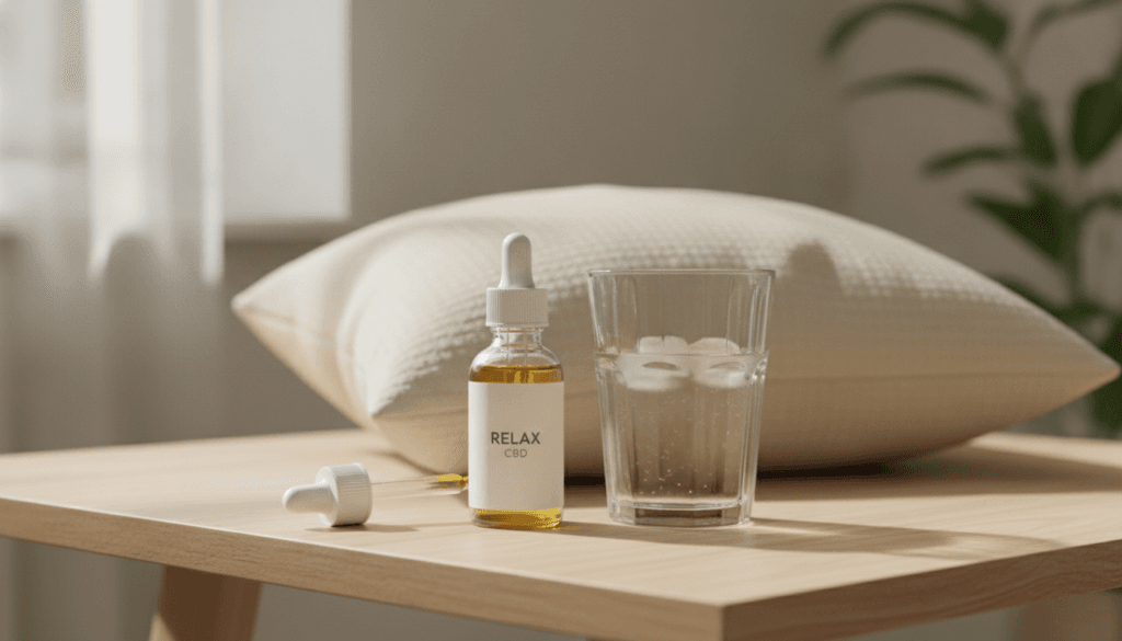 CBD oil bottle in a calm recovery-focused setting
