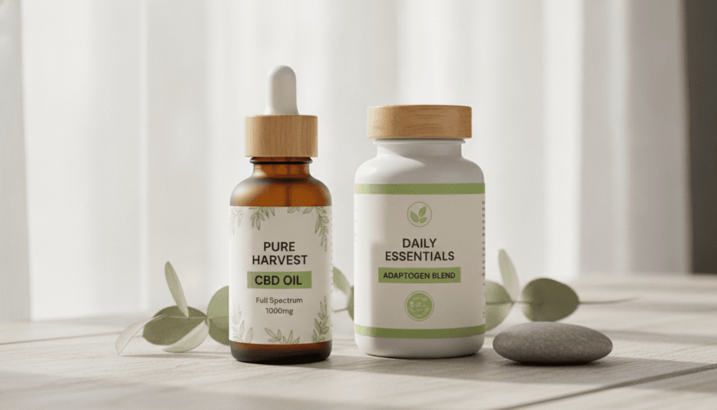 CBD oil bottle beside mushroom supplement capsules