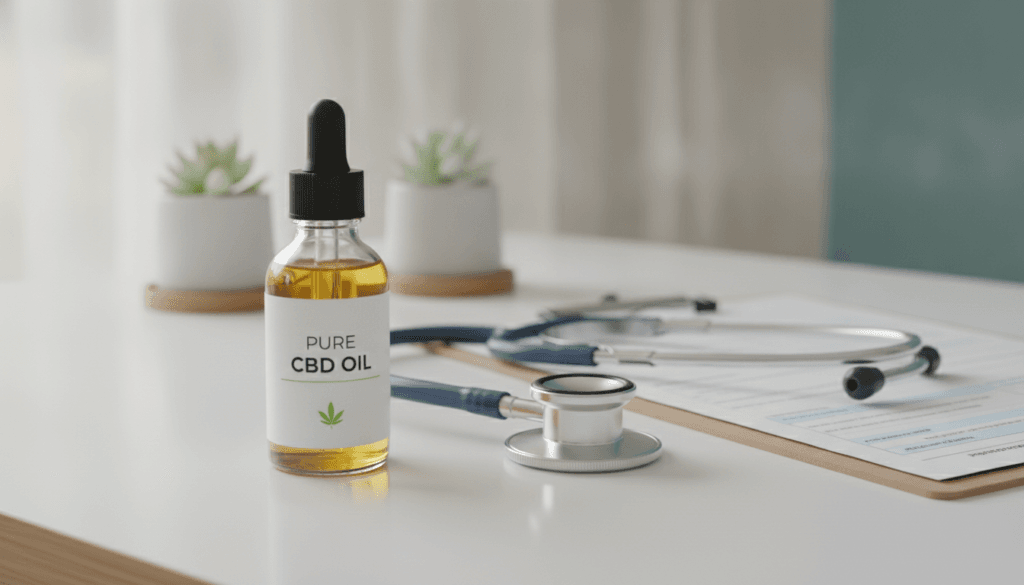 CBD oil bottle in a supportive clinical treatment setting