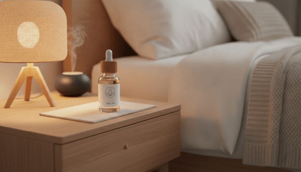 CBD oil bottle in a calm nighttime bedroom setting