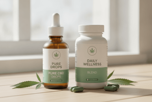 CBD oil bottle beside supplement capsules