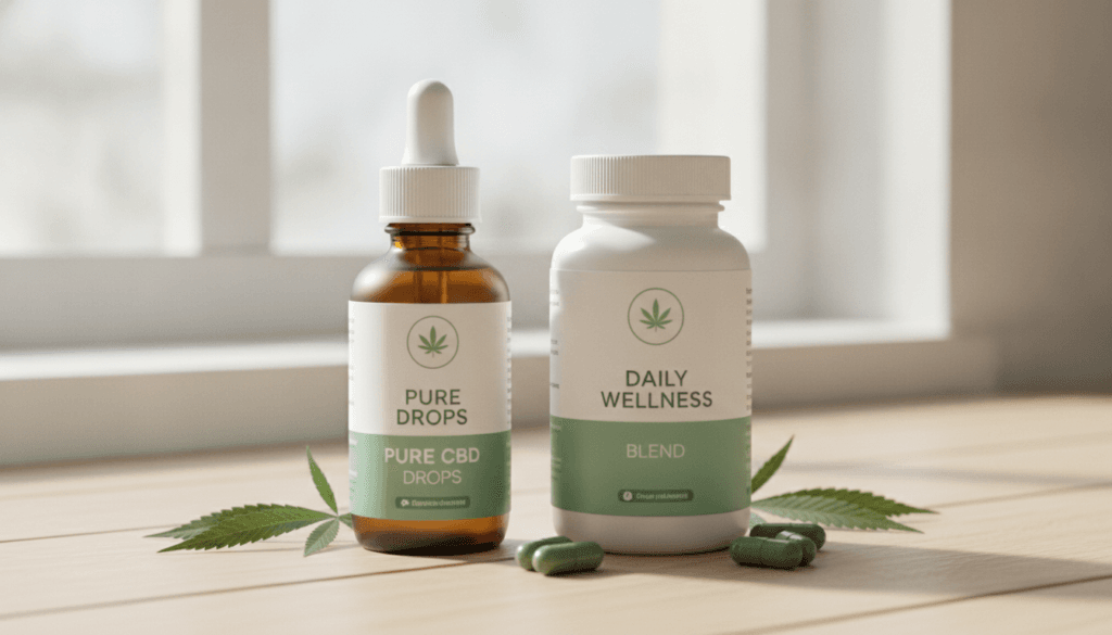 CBD oil bottle beside supplement capsules