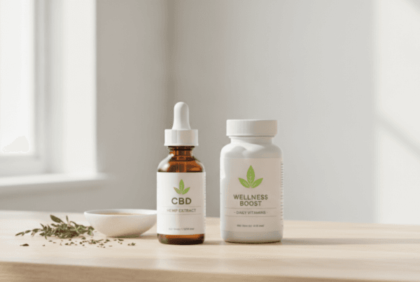 CBD oil bottle beside supplement capsules