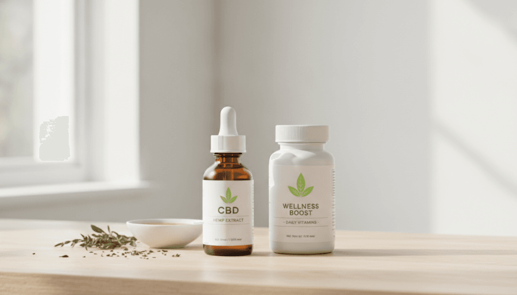 CBD oil bottle beside supplement capsules