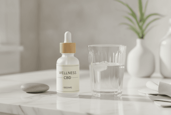 CBD oil bottle in a calm bathroom wellness setting