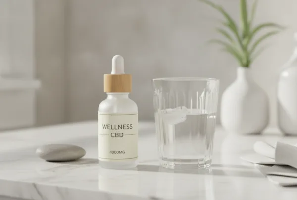 CBD oil bottle in a calm bathroom wellness setting