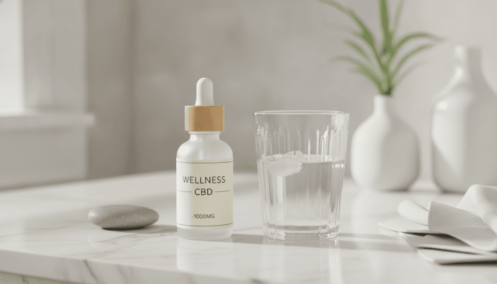 CBD oil bottle in a calm bathroom wellness setting